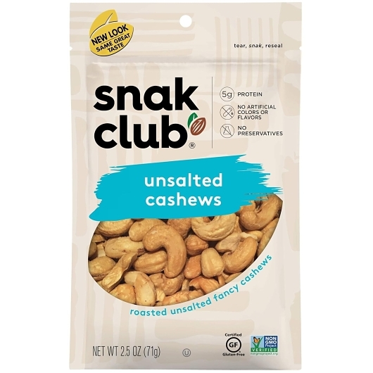 Snak Club Unsalted Cashews, 2.5 Ounce, 6 per case
