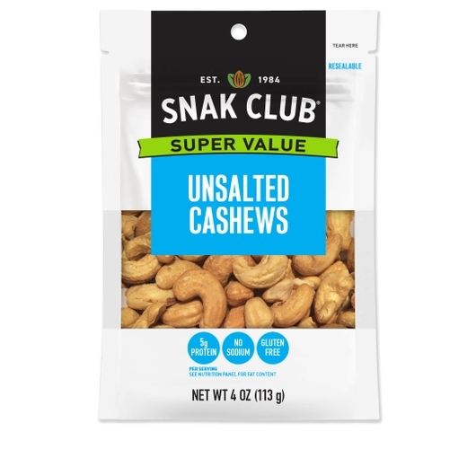 Snak Club Super Value Unsalted Cashews, 4 Ounce, 6 per case
